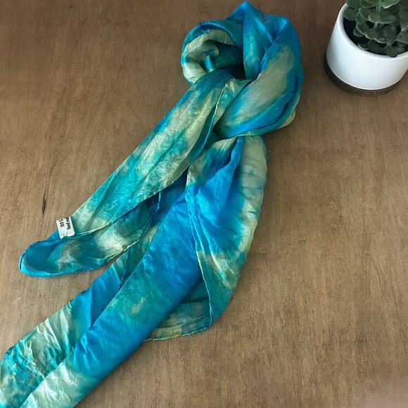 Blue & Yellow watercolor design 100% Silk Scarf Made in Turkey Square shape - Picture 1 of 7